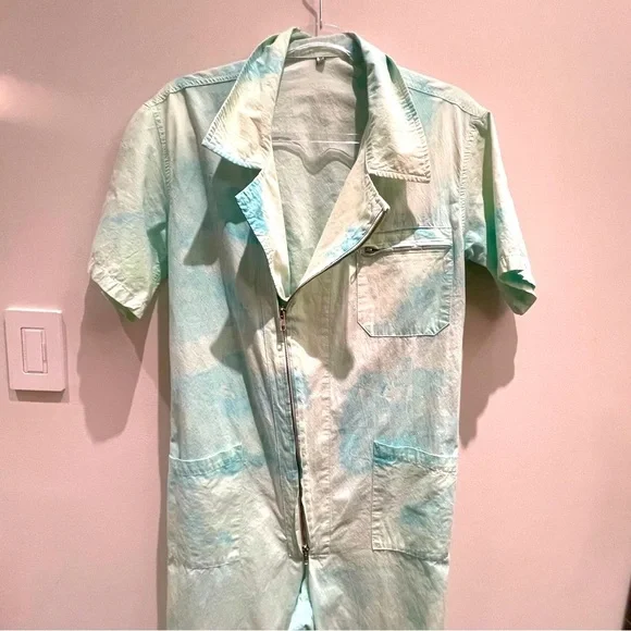 Tie-dye Blue & Green Retro Cargo Jumpsuit 100% Cotton Size XXS - Picture 1 of 14